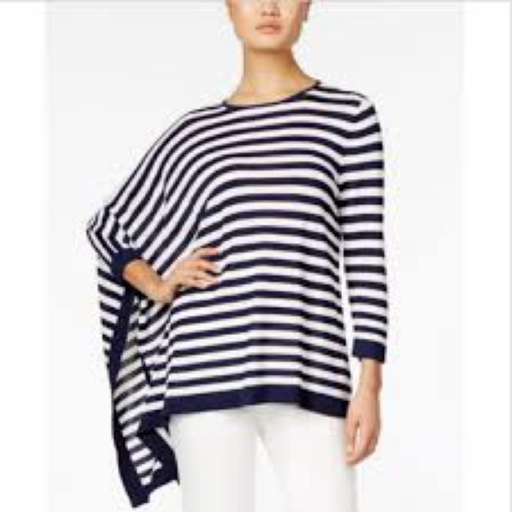 Anne Klein Striped Navy and White Poncho Sweater